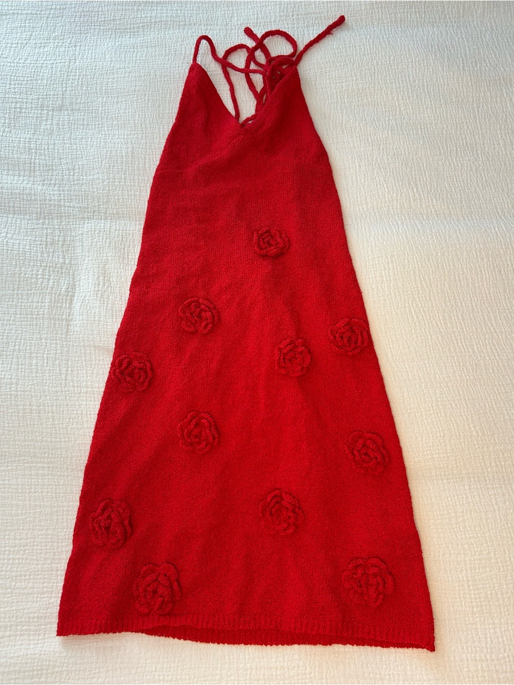 Meshki Red Knit Halter Dress with Rosette Embellishments